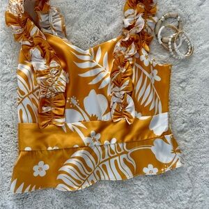 Tropical Ruffle Blouse in Mustard and White